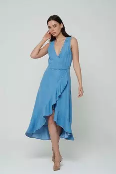 Голубое платье без рукавов с запахом и рюшами Jean C 4676-037 CROSS JEANS