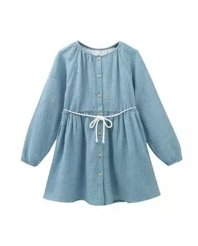 Голубое платье для девочки с пуговицами и контрастным веревочным поясом Dadati, синий
