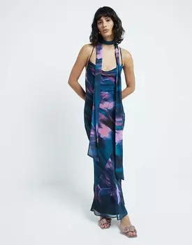 Голубое платье-комбинация с цветочным принтом и бретелями River Island