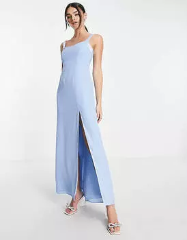 Голубое платье макси Bridesmaids с атласным изогнутым вырезом и разрезами ASOS DESIGN