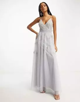 Голубое платье макси на бретелях с цветочной вышивкой и жемчугом ASOS Bridesmaid