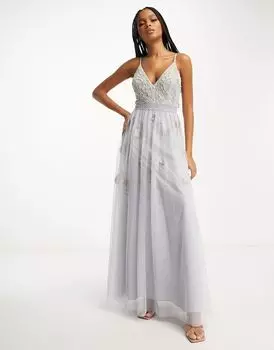 Голубое платье макси на бретелях с цветочной вышивкой и жемчугом ASOS DESIGN Bridesmaid
