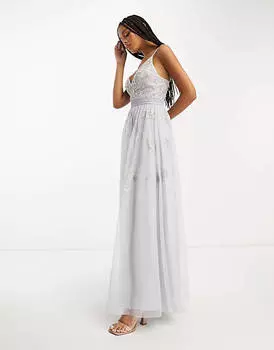 Голубое платье макси на бретелях с цветочной вышивкой и жемчугом ASOS DESIGN Bridesmaid