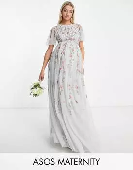 Голубое платье макси с цветочной вышивкой и украшением ASOS DESIGN Maternity Bridesmaid