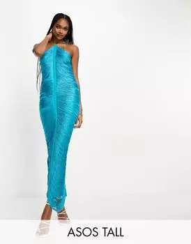 Голубое платье макси с драпировкой и бахромой ASOS DESIGN Tall