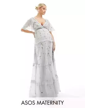Голубое платье макси с развевающимися рукавами и вышивкой ASOS Maternity Bridesmaid