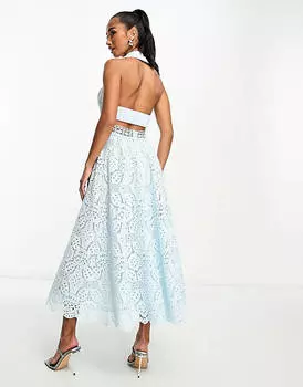 Голубое платье миди с кружевным воротником и открытой спиной ASOS DESIGN Petite