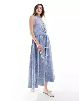 Голубое платье миди с принтом и завязками спереди ASOS DESIGN