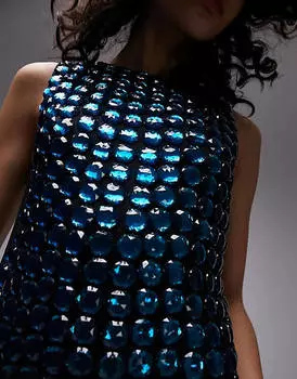 Голубое платье мини с декором и драгоценными камнями Topshop