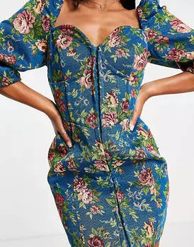 Голубое платье мини с длинными рукавами и гобеленовым корсетом ASOS DESIGN