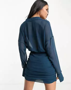 Голубое платье-рубашка с длинными рукавами и сборками Missyempire