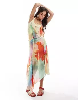 Голубое платье с асимметричным подолом и цветочным принтом Mango X Siedres