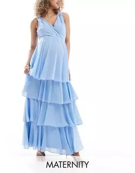 Голубое шифоновое ярусное платье макси TFNC Bridesmaids Maternity