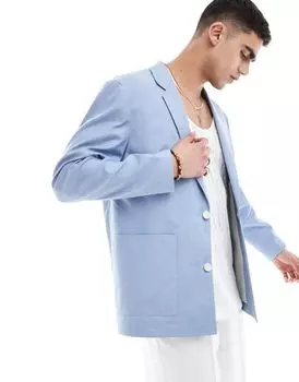 Голубой льняной пиджак оверсайз ASOS DESIGN
