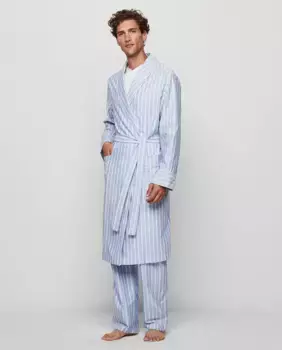 Голубой мужской халат Оксфорд из хлопка в полоску Mirto