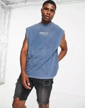 Голубой свободный жилет свободного кроя с вышивкой и принтом на груди ASOS DESIGN