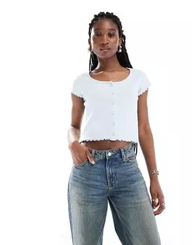 Голубой топ на пуговицах с салатовым краем Monki с короткими рукавами