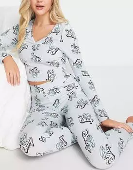 Голубой топ с длинными рукавами и леггинсы с принтом ASOS