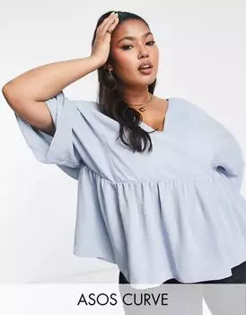 Голубой топ с запахом, рукавами-ангелами и баской ASOS Curve