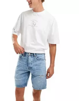 Голубые джинсовые шорты прямого кроя с потертостями Only & Sons