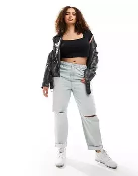 Голубые джинсы мамы свободного кроя с рваными деталями ASOS DESIGN Curve