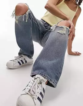 Голубые джинсы с потертостями и ремонтом Topshop Dad