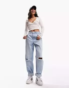 Голубые джинсы свободного кроя с прорезями на коленях ASOS