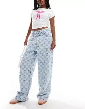 Голубые мешковатые джинсы в клетку Bershka