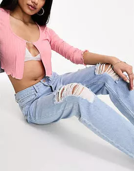 Голубые прямые джинсы с завышенной талией и потертостями JDY