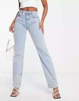 Голубые прямые джинсы в стиле 90-х с декором по низу ASOS DESIGN