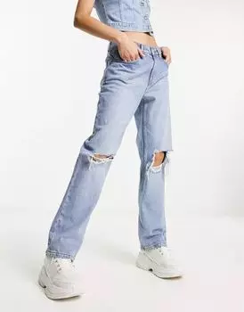 Голубые рваные джинсы прямого кроя ASOS