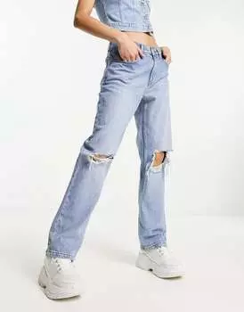 Голубые свободные прямые джинсы с рваными коленями ASOS DESIGN