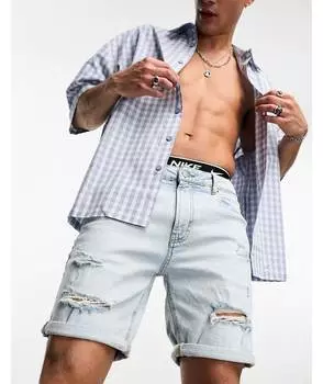 Голубые узкие джинсовые шорты с рваными краями Pull&Bear