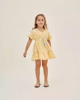 Горчично-белое платье для девочки зигзаг с бирюзой Dadati, жёлтый