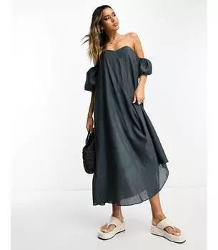 Горчично-серое платье макси с мятой трапецией и рукавами ASOS DESIGN