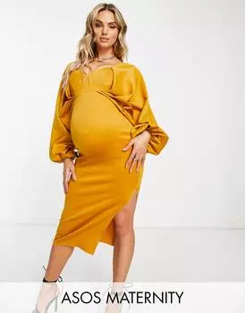 Горчичное облегающее платье миди с вырезом ASOS DESIGN Maternity