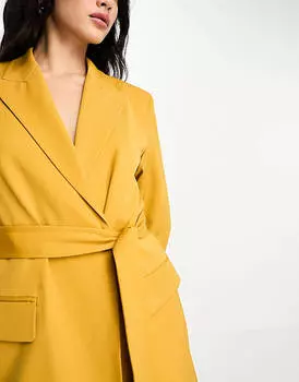 Горчичное платье-блейзер мини с завязкой на талии & Other Stories из смесовой шерсти