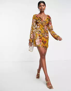 Горчичное платье мини с цветочным принтом и завязками спереди ASOS DESIGN