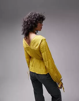 Горчичный хлопковый топ Topshop с завязками спереди