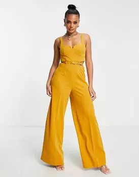Горчичный комбинезон с корсетом и поясом ASOS DESIGN