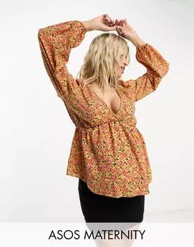 Горчичный топ с V-образным вырезом, объемными рукавами и баской ASOS DESIGN Maternity