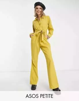 Горчичный твиловый комбинезон с длинными рукавами и воротником ASOS DESIGN Petite
