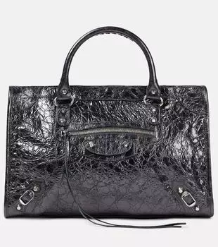 Городская кожаная сумка среднего размера через плечо Le City Balenciaga, Steel Grey