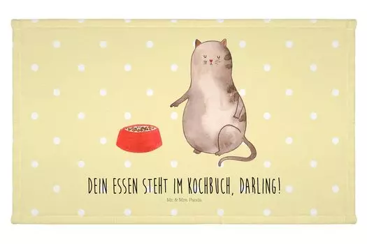 Гостевое полотенце Mr. & Mrs. Panda Cat Eating — желтая пастель — подарок, кошачьи мотивы, гостевое полотенце, дорожное полотенце, кошачий мотив, махровая ткань, товары для любителей кошек, белый