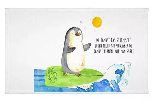 Гостевое полотенце Mr. & Mrs. Panda Penguin Surfer — белое — подарок, спортивное полотенце, серфинг, детское полотенце, гостевое полотенце, Гавайи, махровая ткань, пингвины, дорожное полотенце, белый
