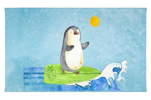 Гостевое полотенце Mr. & Mrs. Panda Penguin Surfer — Ice Blue — подарок, спортивное полотенце, катание на волнах, волны, Гавайи, Португалия, дорожное полотенце, отпуск, детское полотенце, белый