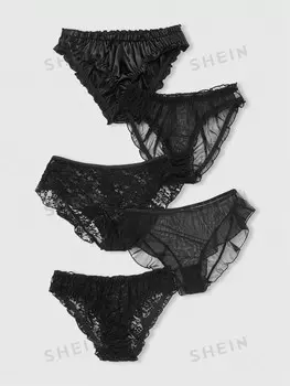 Goth Женские трусики с треугольными чашками и кружевом в готическом стиле, 5 шт/упак Romwe, черный