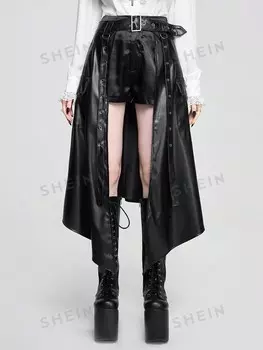 Готическая юбка с накладным слоем, кожаная ткань и отверстия для глаз, регулируемая талия, готический стиль, для женщин Romwe, черный