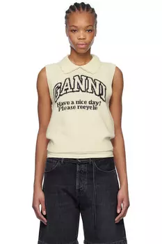 Графический жилет с воротником из смесовой шерсти Ganni, цвет egret