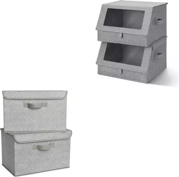 GRANNY SAYS Набор из 2 штабелируемых серых контейнеров для хранения с открытой передней панелью и 2 больших серых контейнеров для хранения с крышками